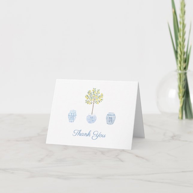 Elegant Lady Lemon Tree Blue White Personalised Thank You Card (Front)