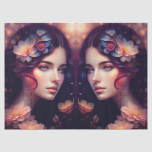 Elegant Lady Orange Pink Blue Flowers Decoupage Tissue Paper