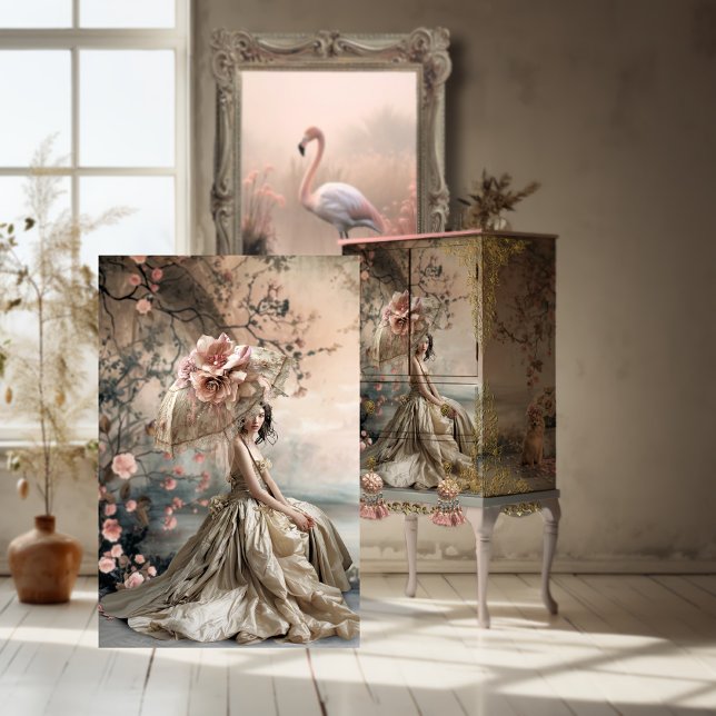Elegant Lady Sitting, Dreamy Floral Portrait Art Tissue Paper (Lady & a Parasol, Romantic, French Portrait Beauty, Digital Mixed Media Art, Decoupage Tissue Paper)