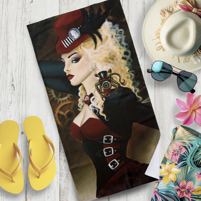 Elegant Lady Steampunk Victorian Red Clockwork  Beach Towel (Creator Uploaded)