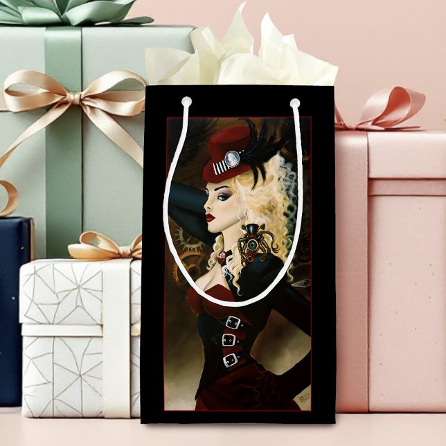 Elegant Lady Steampunk Victorian Red Clockwork Small Gift Bag (Creator Uploaded)