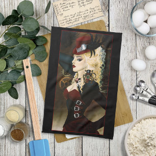 Elegant Lady Steampunk Victorian Red Clockwork Tea Towel