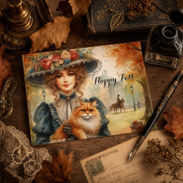 Elegant Lady with Cat Happy Fall Postcard