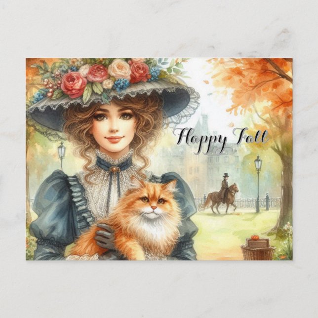 Elegant Lady with Cat Happy Fall  Postcard (Front)