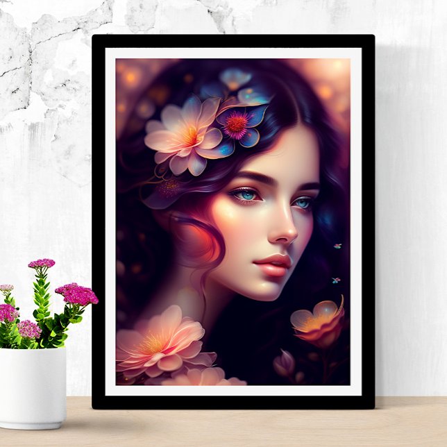 Elegant Lady With Orange Pink Blue Flowers Poster (Creator Uploaded)