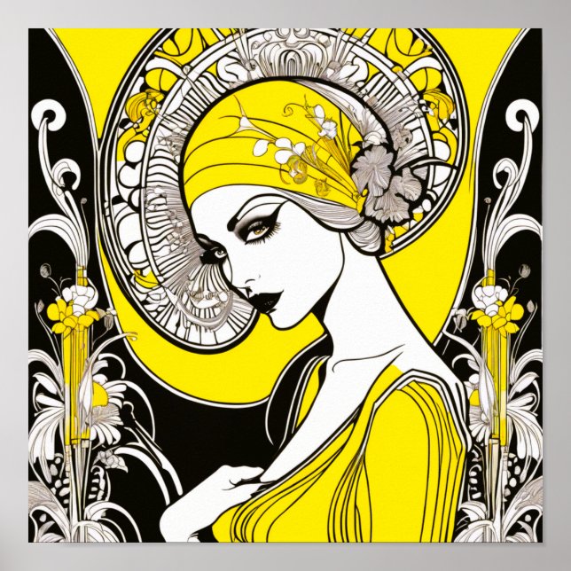  Elegant Lady Yellow & Black Art Nouveau  Poster (Front)