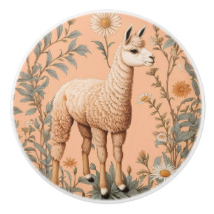Elegant Lama and Daisy Flowers On Peach Ceramic Knob