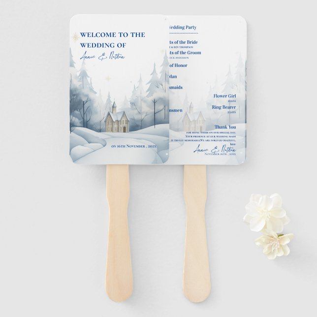 Elegant Landscape Snowy Winter Wedding Program  Hand Fan (Front and Back)