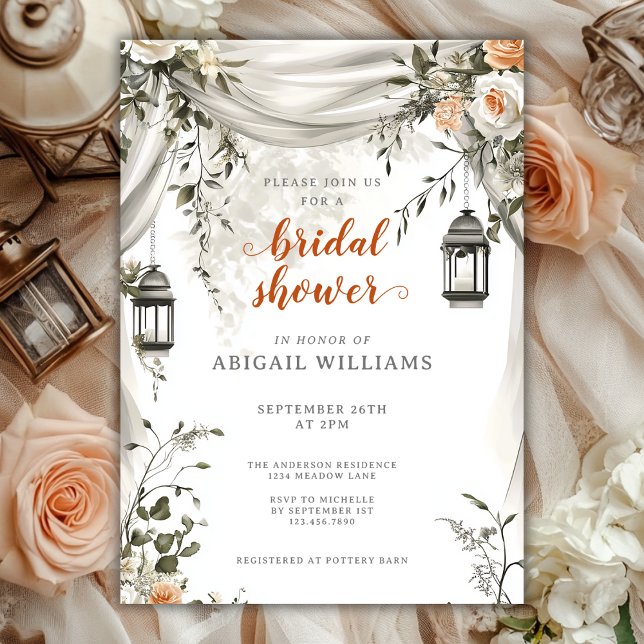 Elegant Lantern and Drapery Floral Bridal Shower Invitation (Elegant Lantern and Drapery Floral Bridal Shower Invitation)