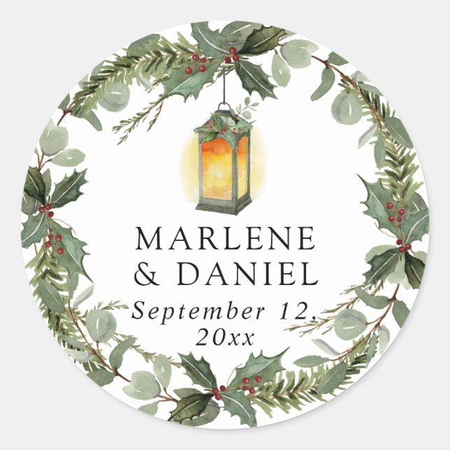 Elegant Lantern Winter White n Red Holly Envelope Classic Round Sticker (Front)