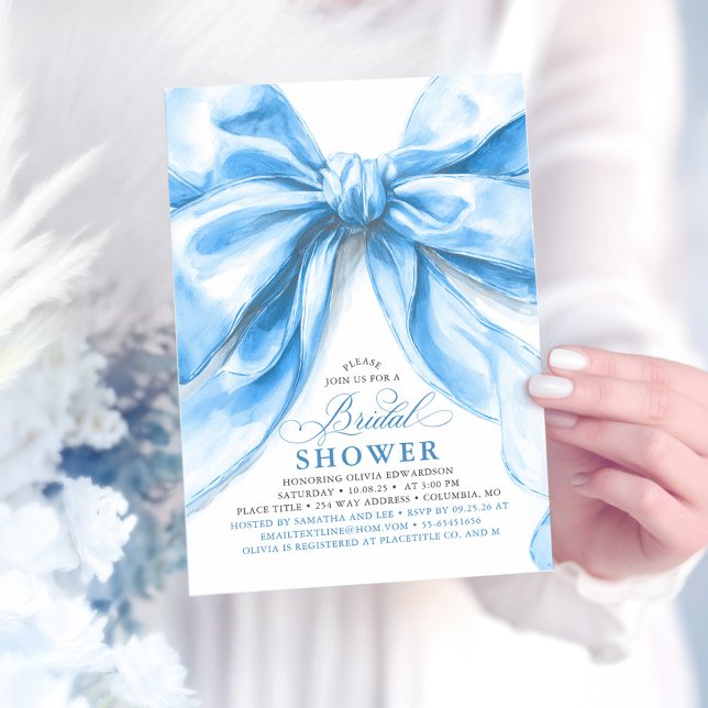 Elegant Large Dusty Blue Bow Bridal Shower  Invitation (Blue Bow Bridal Shower Invitation)