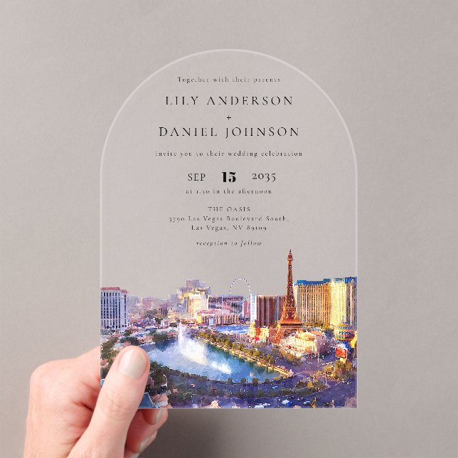 Elegant Las Vegas Skyline Watercolor Wedding Arch Acrylic Invitations (Insitu (Handheld))