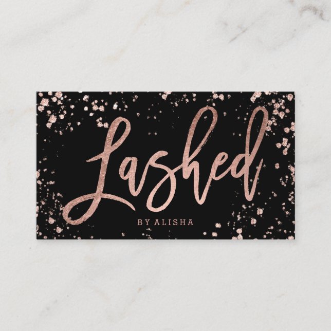 Elegant lashed script rose gold confetti splatters business card (Front)