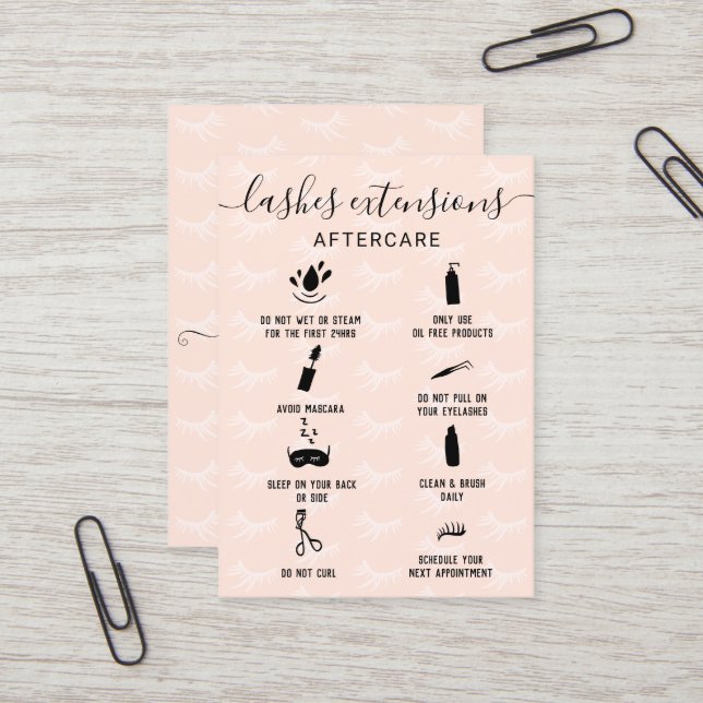 Elegant lashes aftercare blush pink vertical business card (Front/Back In Situ)