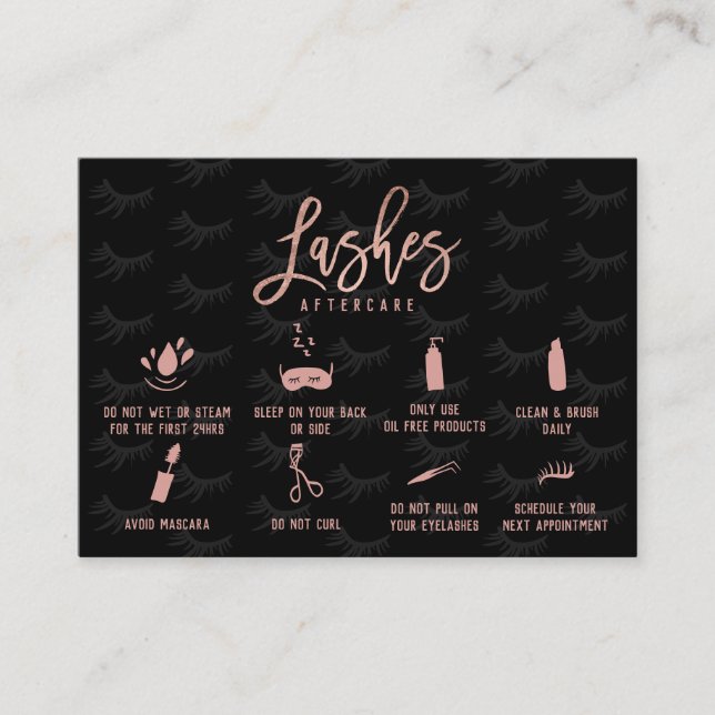 Elegant lashes aftercare rose gold illustration business card (Front)