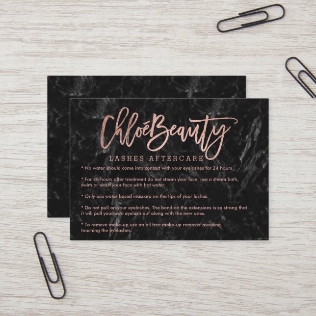 Elegant lashes Logo faux rose gold black marble Business Card (Front/Back In Situ)