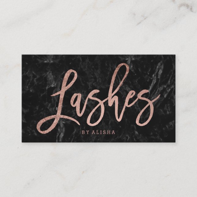 Elegant lashes script faux rose gold black marble business card (Front)