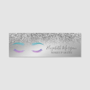 Elegant Lashes,Silver Glitter Bokeh  Makeup artist Name Tag