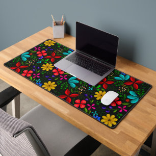 Elegant Latin American Folk Floral Black Desk Mat