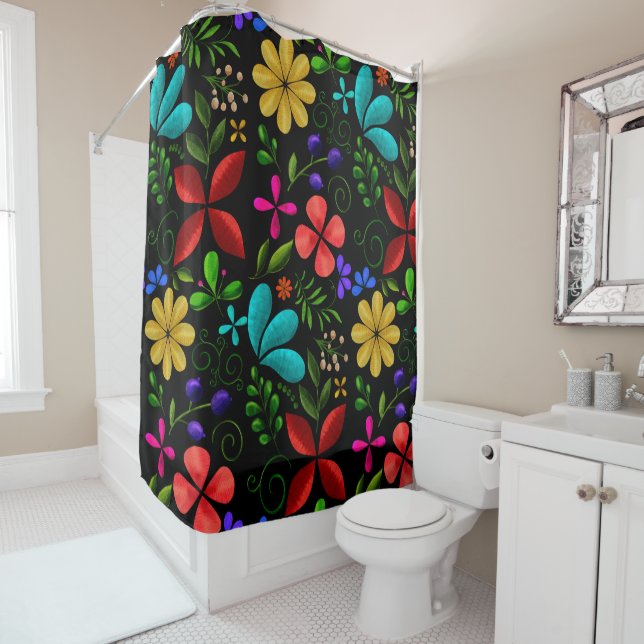 Elegant Latin American Folk Floral Black Shower Curtain (In Situ)