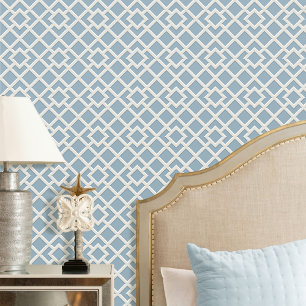 Elegant Lattice Geometric Pattern Blue Off-white Wallpaper