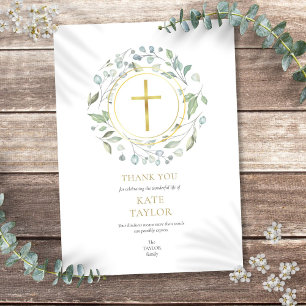 Elegant Laurel Garland Funeral Memorial Gold Cross Thank You Card
