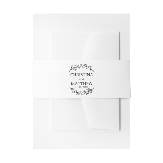 Elegant Laurel Olive Branches White Black Wedding Invitation Belly Band (Front Example)
