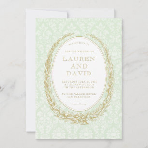 Elegant Laurel Wreath Green Damask Invitation