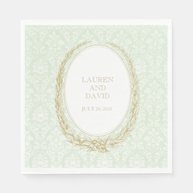Elegant Laurel Wreath | Green Damask Napkin (Front)