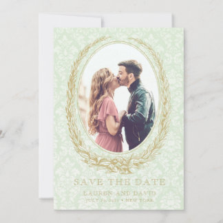 Elegant Laurel Wreath | Green Damask Photo Save The Date