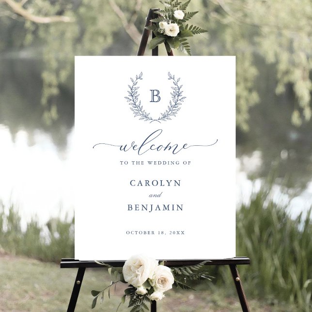 Elegant Laurel Wreath Monogram Crest Welcome Sign (Creator Uploaded)