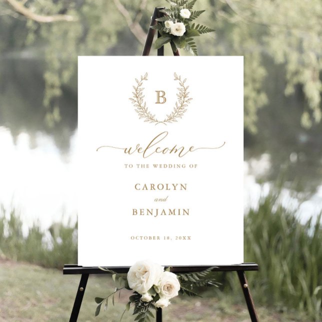 Elegant Laurel Wreath Monogram Crest Welcome Sign (Creator Uploaded)