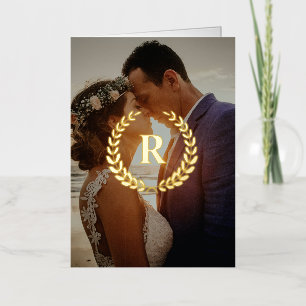 Elegant Laurel Wreath Monogram Photo Wedding Foil Greeting Card