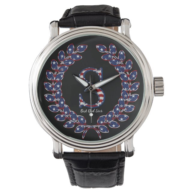 Elegant Laurel Wreath Monogram S Stars and Stripes Watch (Front)