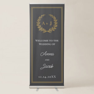 Elegant Laurel Wreath Monogram Welcome Wedding Retractable Banner