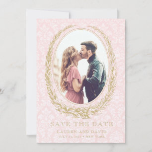 Elegant Laurel Wreath   Pink Damask Photo Save The Date