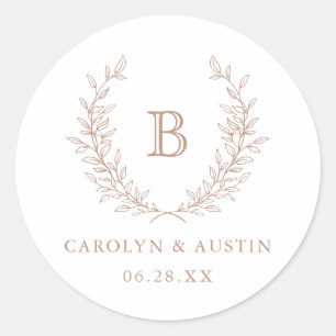 Elegant Laurel Wreath Wedding Monogram Envelope Classic Round Sticker