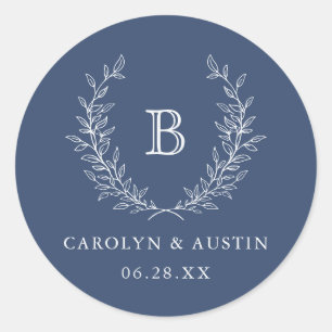 Elegant Laurel Wreath Wedding Monogram Navy Blue Classic Round Sticker