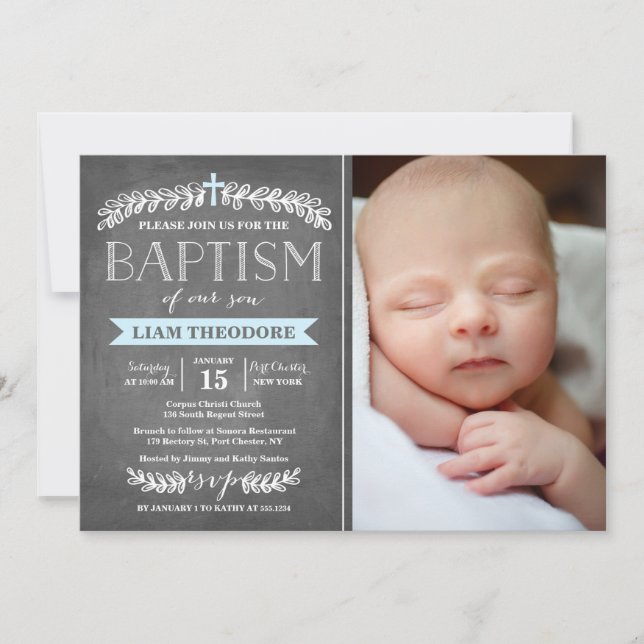 Elegant Laurels Blue | Baptism Invitation (Front)