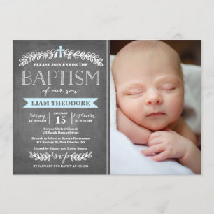 Elegant Laurels Blue   Baptism Invitation