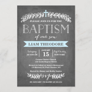 Elegant Laurels Blue   Baptism Invitation