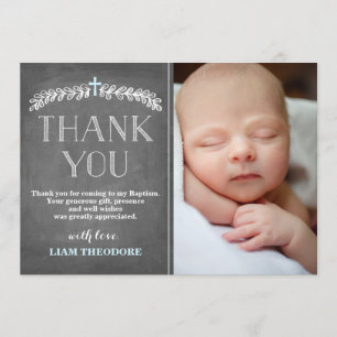 Elegant Laurels Blue   Baptism Photo Thank You