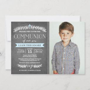 Elegant Laurels Blue   Communion Invitation