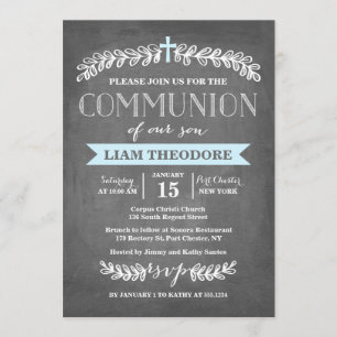 Elegant Laurels Blue   Communion Invitation
