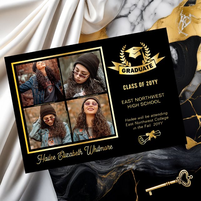 Elegant Laurels Four Photo Graduation Announcement (Elegant and Classy Grad Cap and Laurels 4 Photo Collage Black and Gold Foil Graduation Announcement)