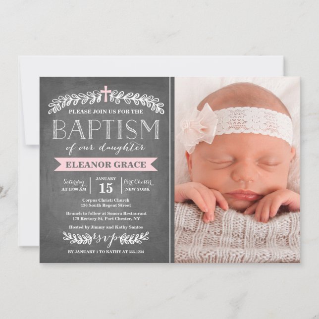 Elegant Laurels Pink | Baptism Invitation (Front)