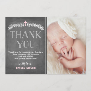 Elegant Laurels Pink   Baptism Photo Thank You Card