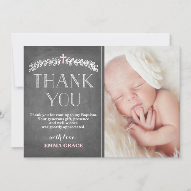 Elegant Laurels Pink | Baptism Photo Thank You Card (Front)
