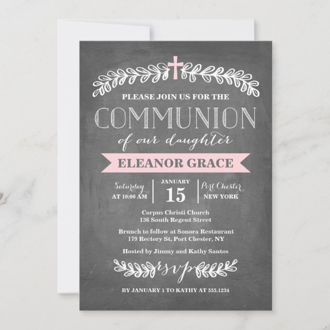 Elegant Laurels Pink | Communion Invitation (Front)