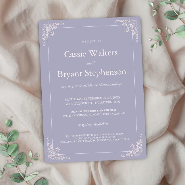 Elegant Lavendar Blush Pink Minimal Wedding Invitation (Elegant french lilac and blush pink wedding invitation for light purple romantic vintage wedding)